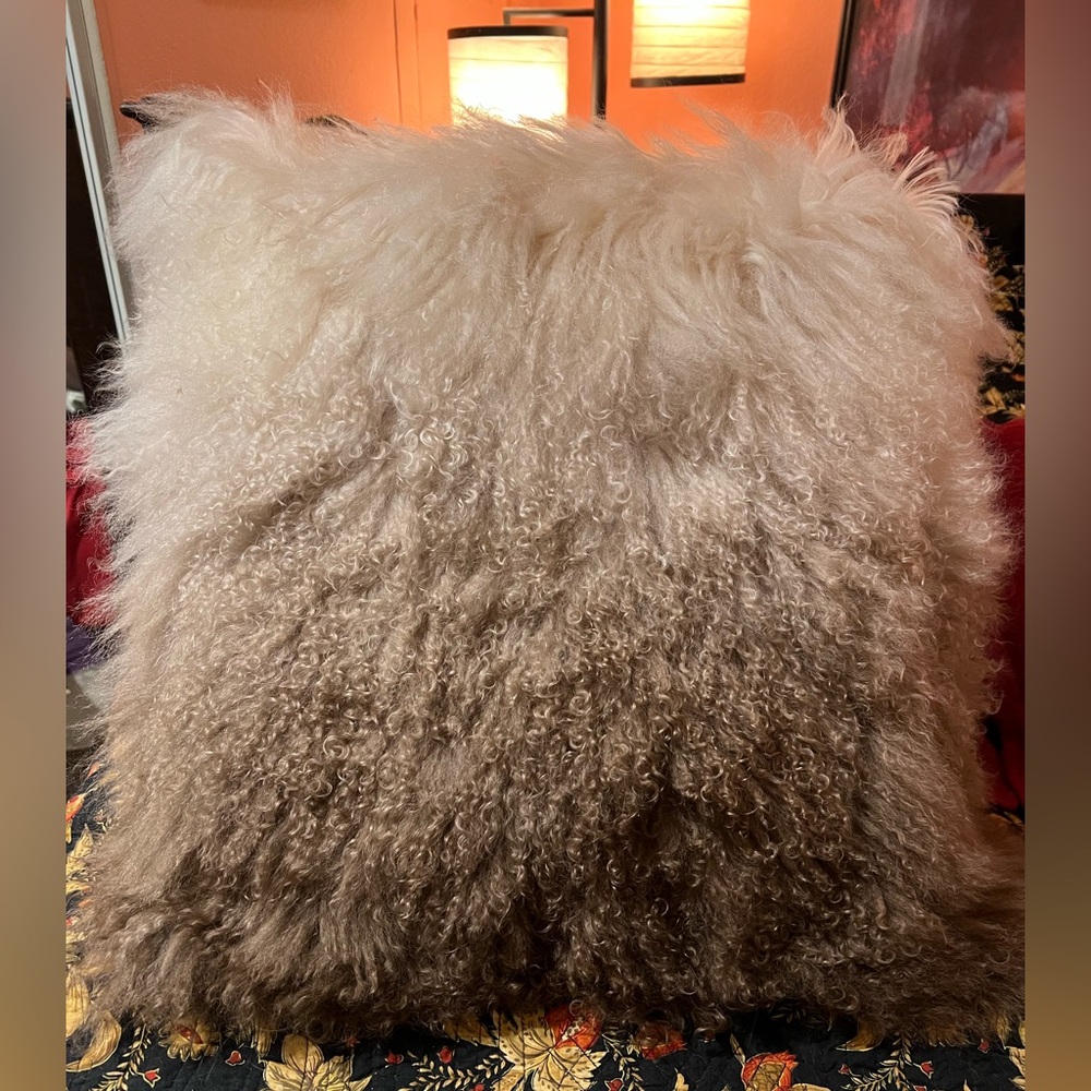 Aurelle Home 22” ombré cream and brown Mongolian lamb fur throw pillow, as new!! - Picture 4 of 5